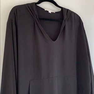 Black hooded, long sleeve, drawstring blouse.